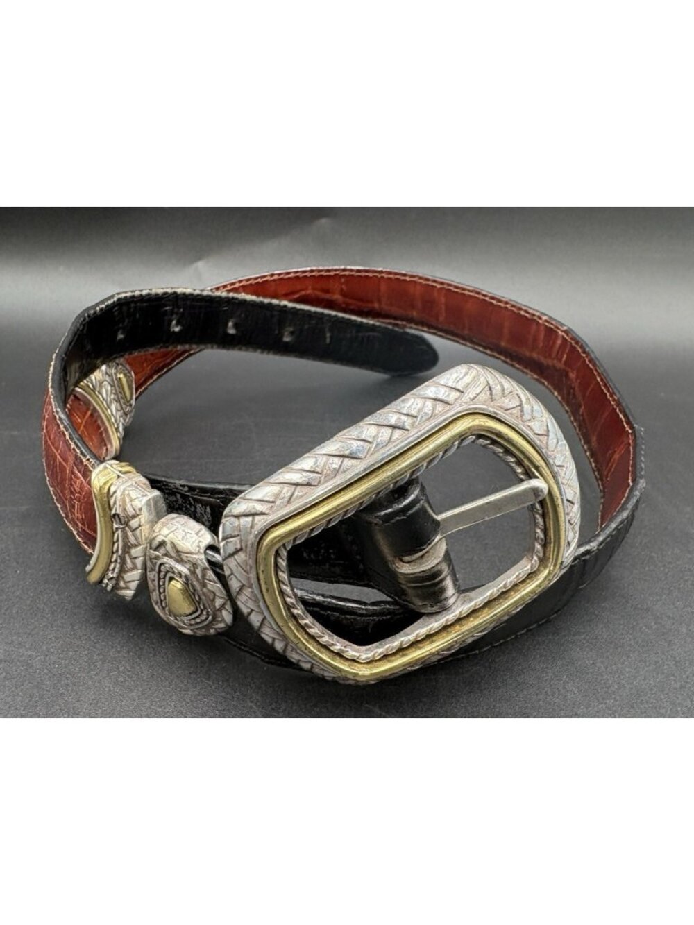 Brighton Belt Leather M Changeable Black Brown Crocodile Embossed Silver Gold
